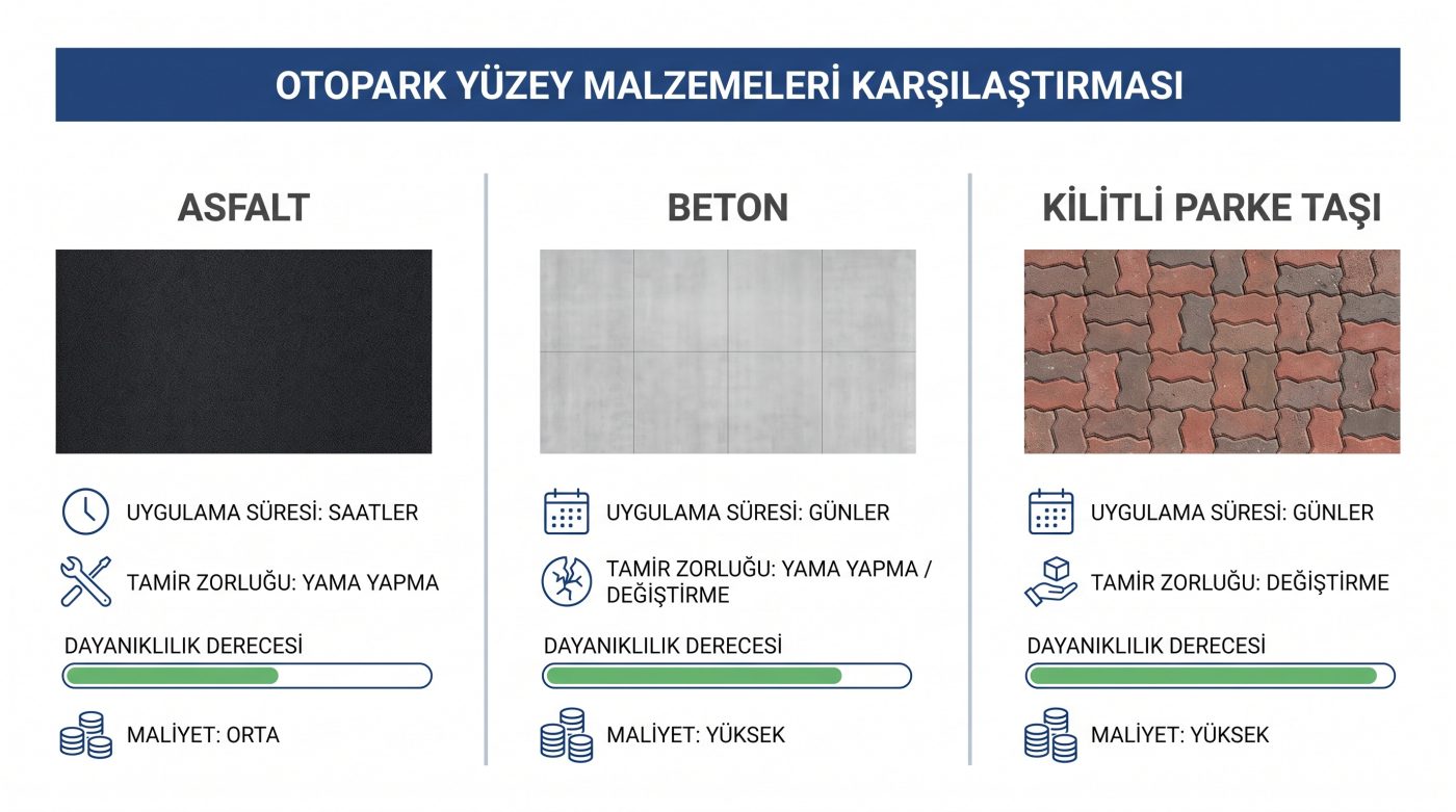 Asfalt, beton ve parke zeminin maliyeti, dayanıklılığı ve onarım zorluk derecesinin karşılaştırıldığı infografik.